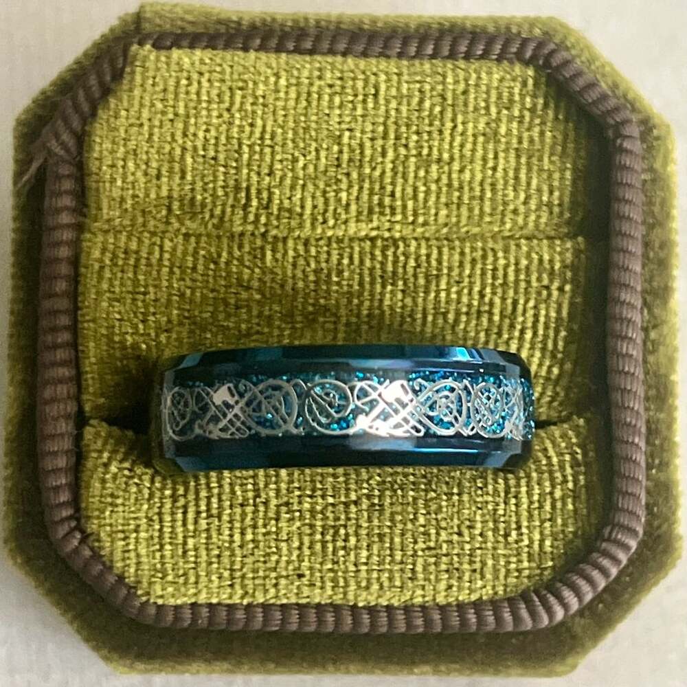 Tungsten Carbide Celtic Dragon Wedding Band Ring Blue 6mm Size 14